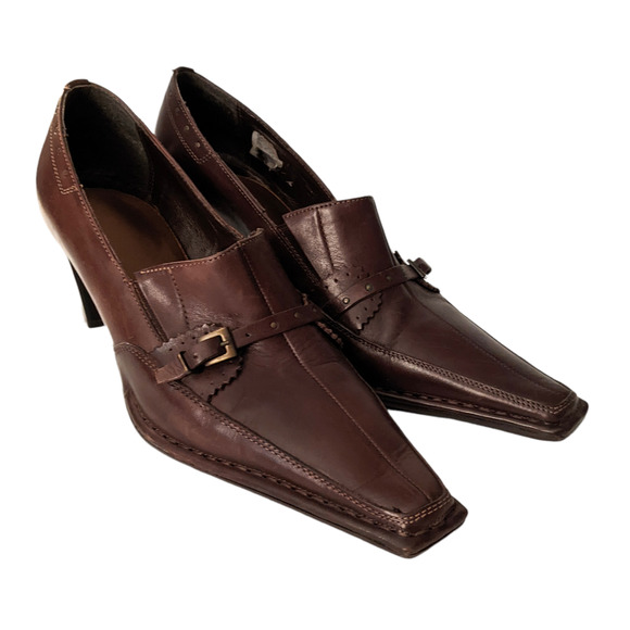 Kampgen Shoes - Kampgen Handmade 8.5 Brown Leather Buckle Heels Pumps Pointed Square Toe Women's